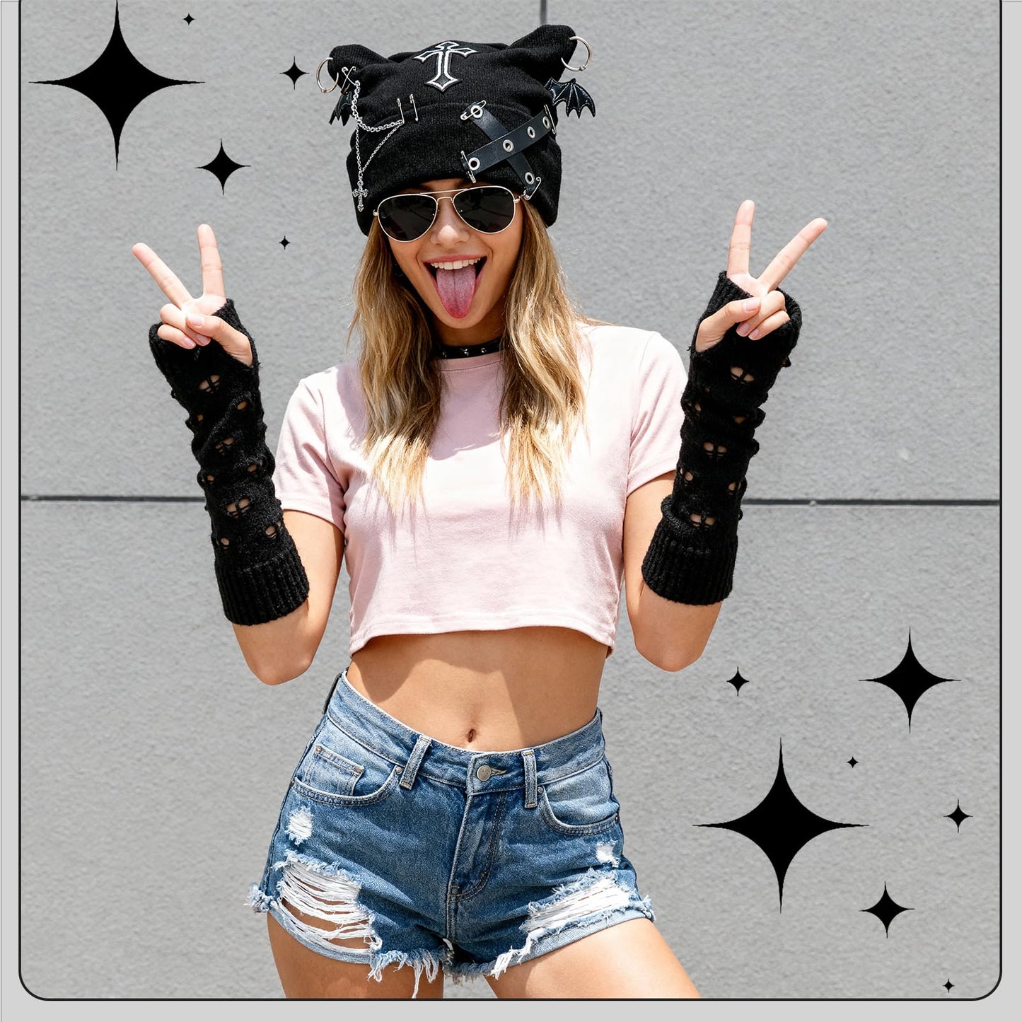Angirlish Gothic Cat Beanie Set Y2k Cat Ear Knitted Hat Goth Arm Warmers Punk Grunge Emo Accessories for Woman Girls Black