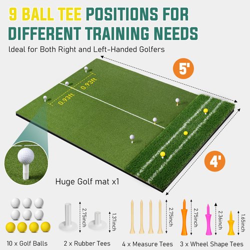 Dual Turf Golf Mat - Practice Indoor/Outdoor, 5 x 4 ft Hitting Mat with Alignment Lines, 9 Tees & Balls Accessories for Swing, Chipping, Putting