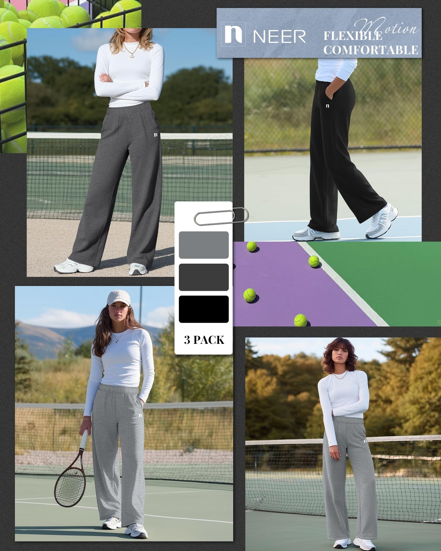 Neer 3 Pack Womens Wide Leg Sweatpants Lounge Athletic Joggers Elastic Waist Baggy Straight Leg Long Pants with Pockets(Black, Dark Mixed Gray, Light Mixed Gray,Medium)