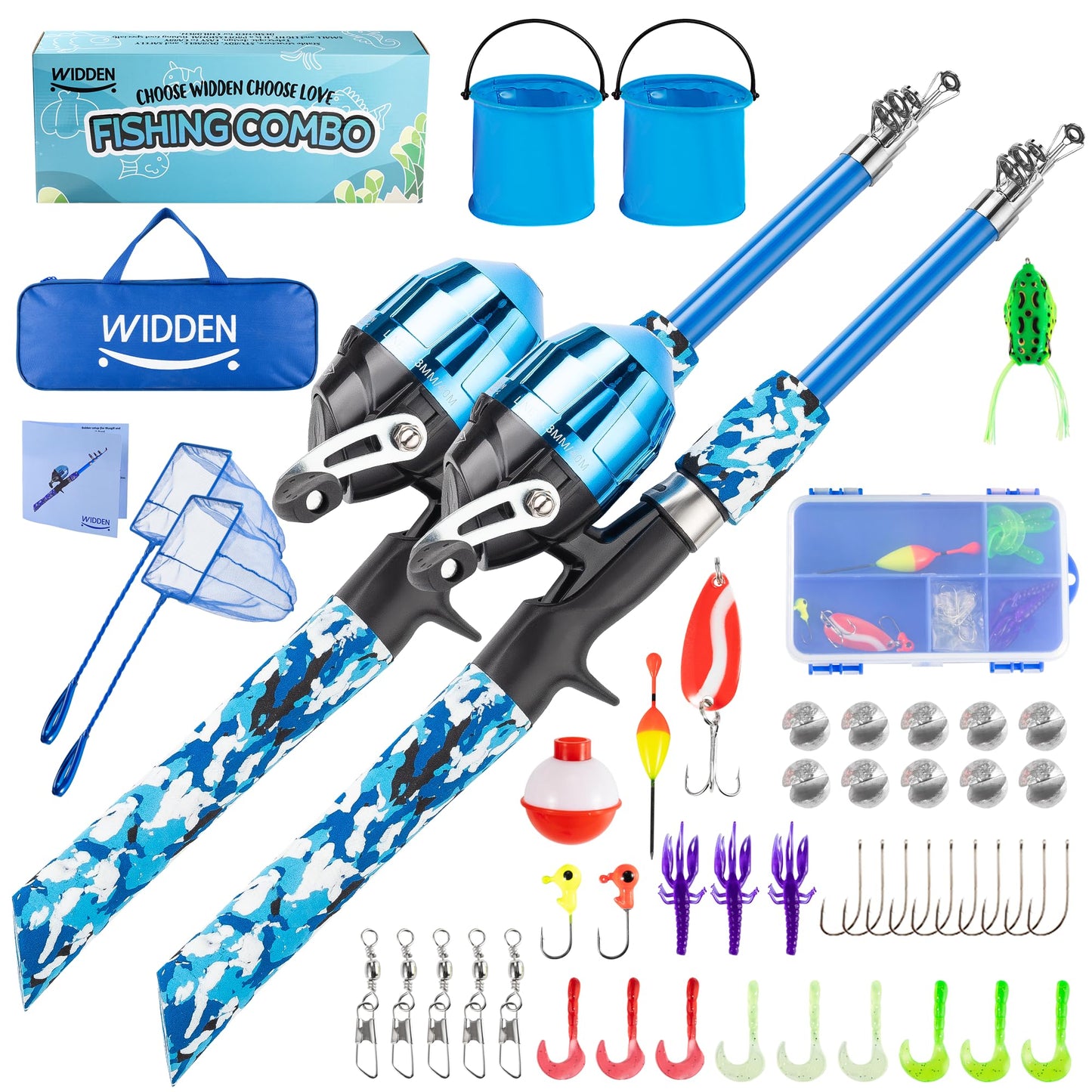 WIDDEN Kids Fishing Pole, 2 Pack Kids Fishing Rod Portable Fishing Rod with Double-Layer Tackle Box, Fishing Line, Reel, Bucket, Net for Boy, Girl, Youth, Beginner Blue