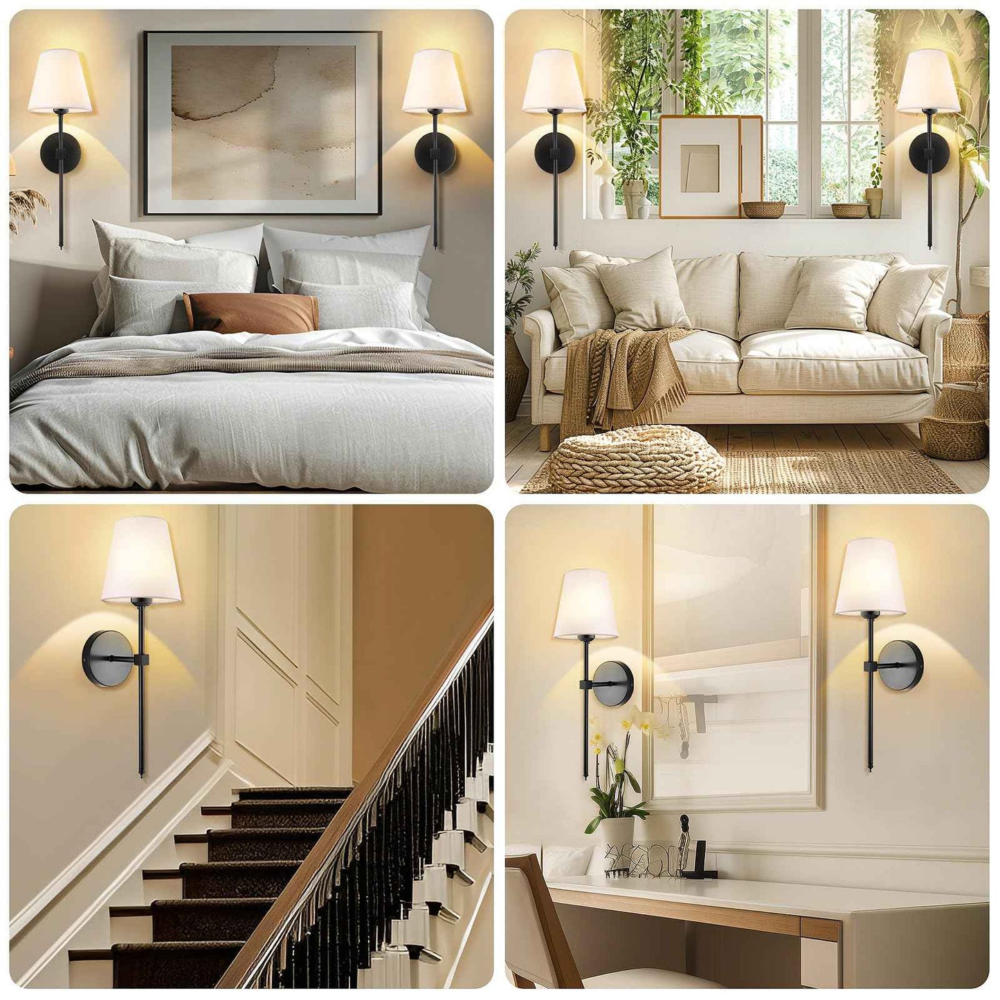 Wall Sconces Sets of 2, Retro Industrial Wall Lamps, Vanity Sconces Wall Lighting with White Fabric Shades, Wall Lights Suitable for Bathroom Bedroom Living Room Kitchen(Black)