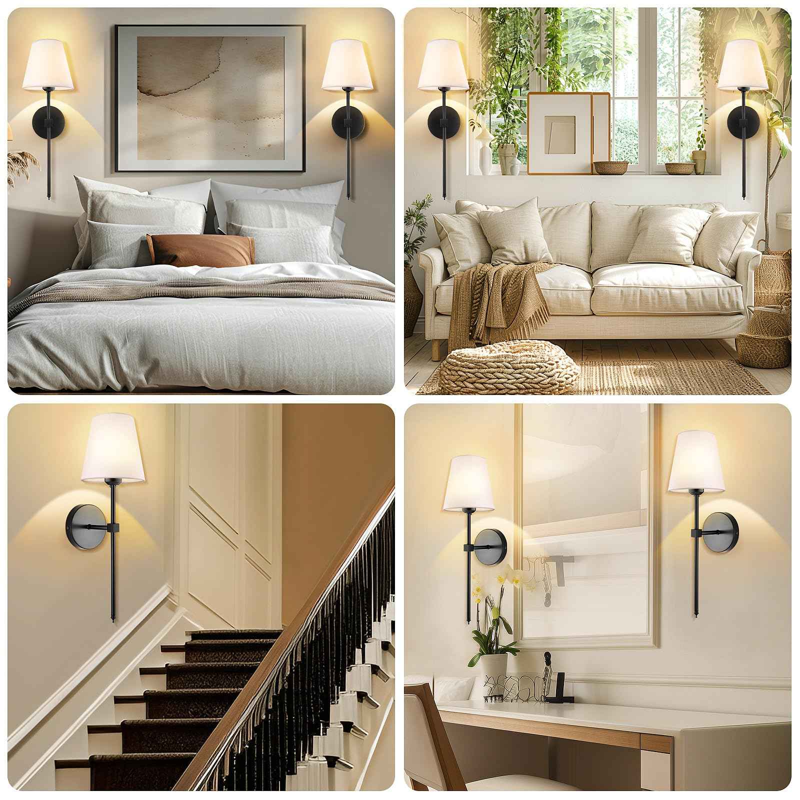 Wall Sconces Sets of 2, Retro Industrial Wall Lamps, Vanity Sconces Wall Lighting with White Fabric Shades, Wall Lights Suitable for Bathroom Bedroom Living Room Kitchen(Black)