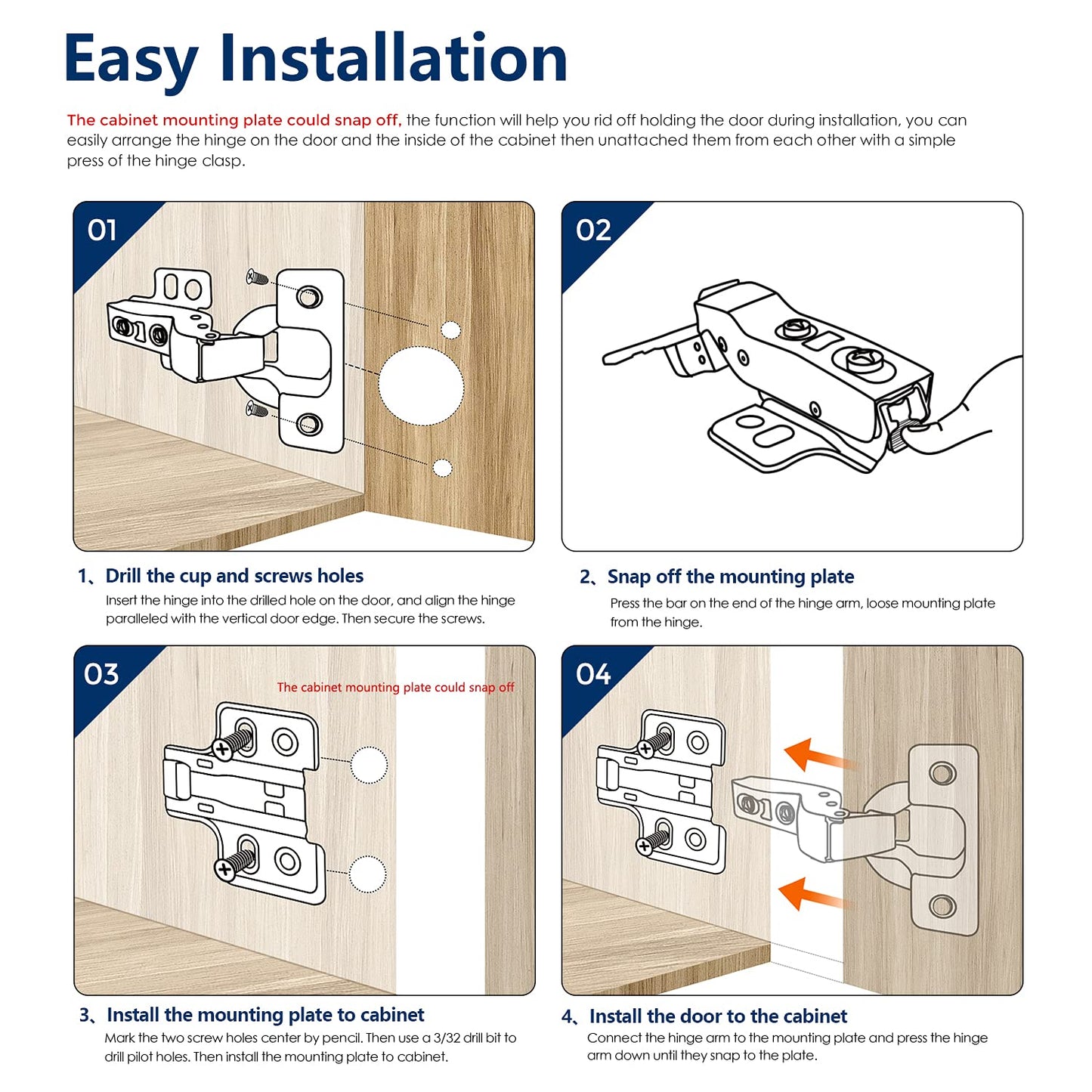 Ravinte 2 Pack 1 Pairs European Kitchen Cabinet Hinges Soft Close Full Overlay Cabinet Door Hinges Heavy-Duty Frameless Adjustable Concealed Cabinet Cup Hinge