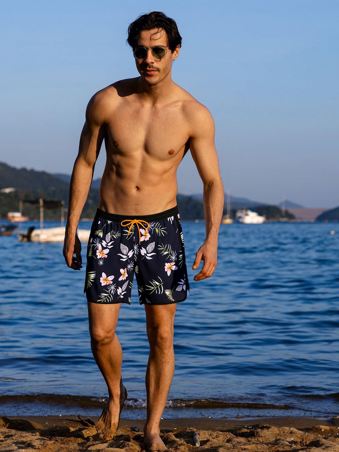 SURF CUZ Mens Swim Trunks with Compression Liner 5" Swimming Trunks 5 Inch Retro Swim Shorts with Zipper Pockets,Daybreak,L
