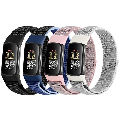 VNDAPT 4 Pack Nylon Watch Bands Compatible with Fitbit Charge 6/Fitbit Charge 5, Adjustable Breathable Replacement Nylon Wristband Fitbit Charge 5 Charge 6 Sport Strap for Women Men