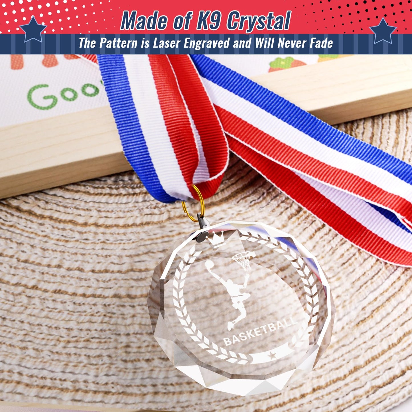 12 Pieces Crystal Award Medals Football Baseball Soccer Basketball Winner Medals, Crystal Medals with Neck Ribbons, Winner Gift Prize Award Medals for Kids Tournaments Match Sports Competition Teams