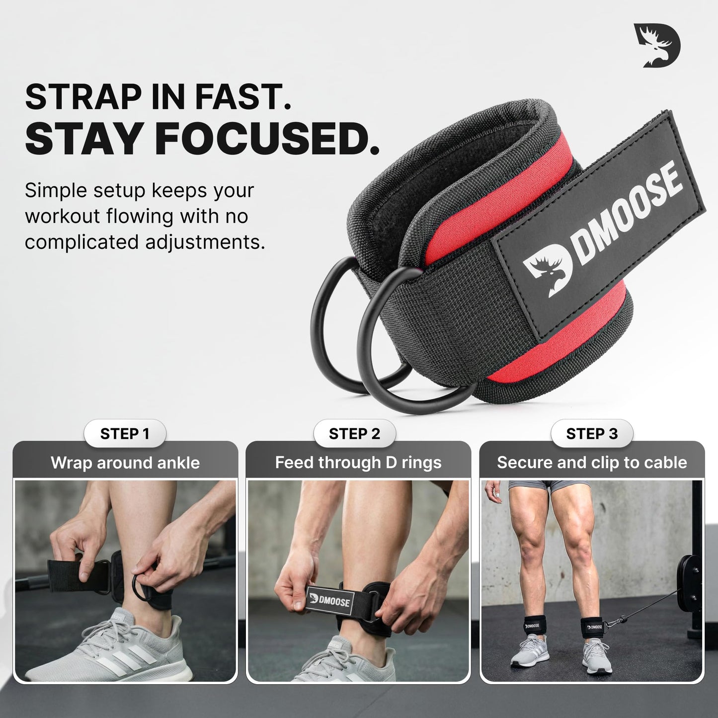 DMoose Ankle Strap for Cable Machine - One Size Fit with Premium Padding, Workout Kickback Ankle Cuffs, Ankle Bands for Working Out, Booty Workouts, Leg Extension, Hip Abductors & Lower Body Exercises