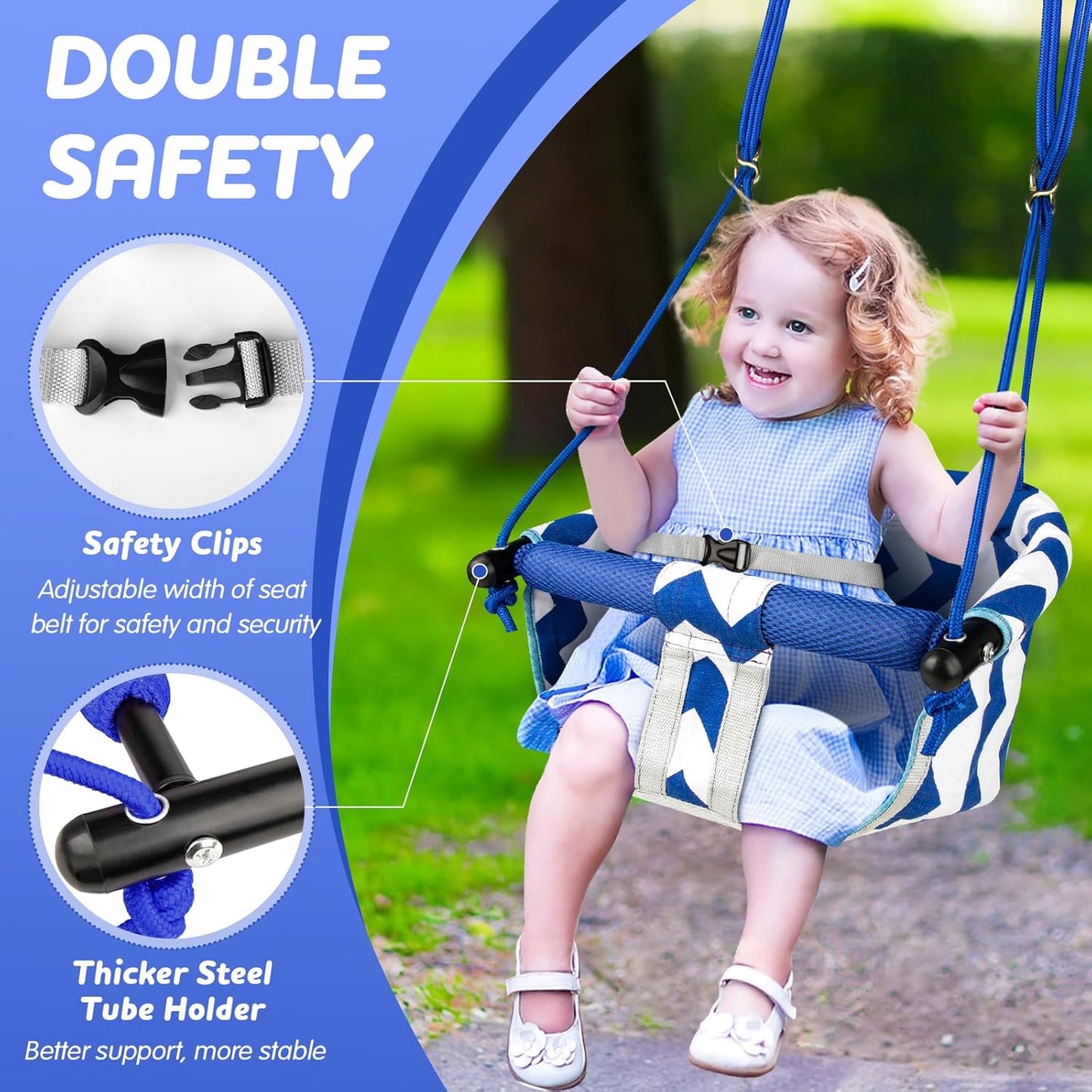 Skiennix Toddler Swing - Comfy Indoor/Outdoor Baby Swing Seat with Safety Harness | Easy Installation (Blue)
