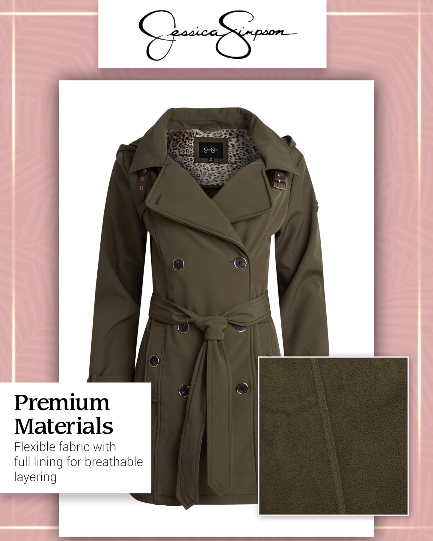 Jessica Simpson Womens Trench Coat - Lightweight Belted Softshell Jacket - Polar Fleece Lined Hooded Long Coat for Women, Size Large, Olive