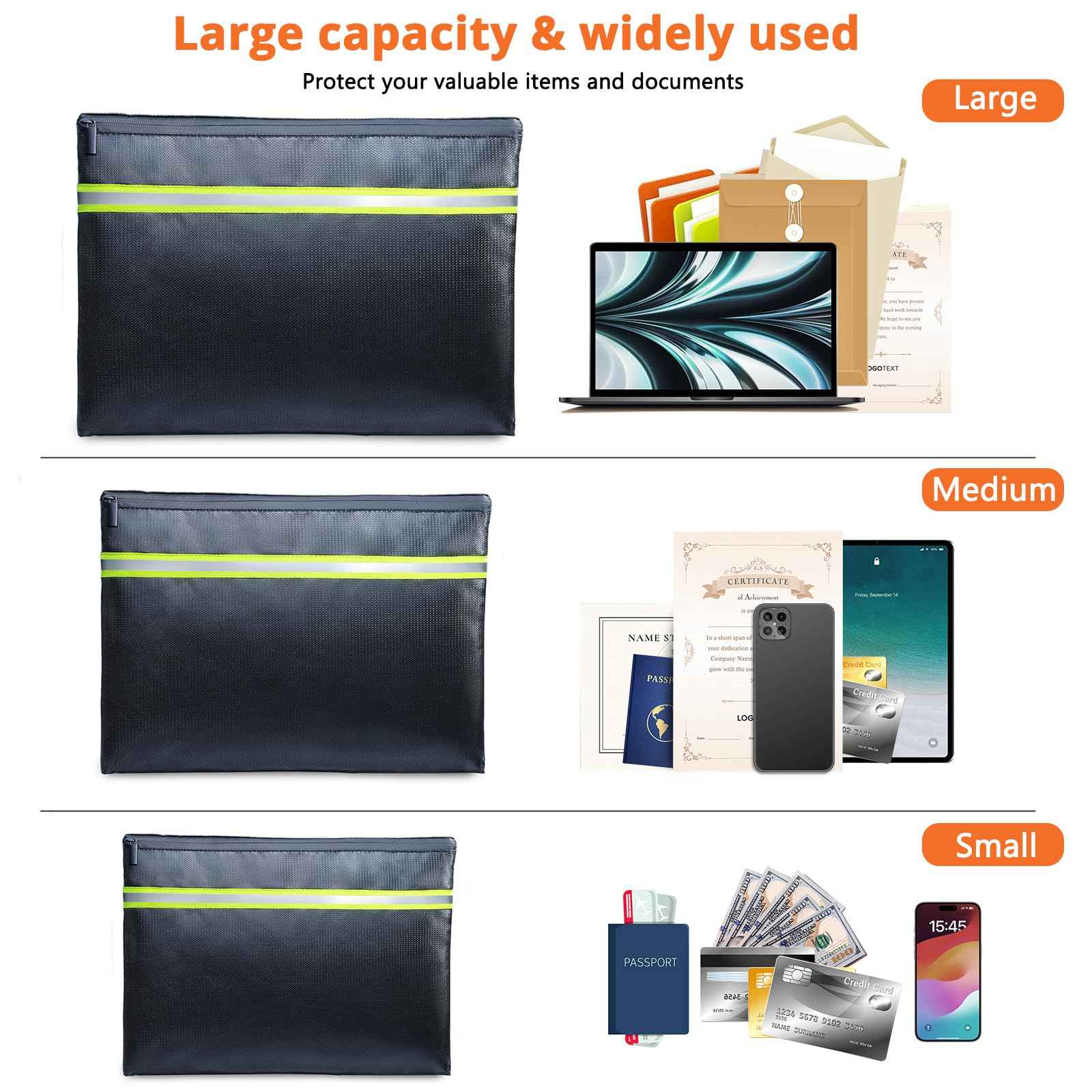 FRECOLSH Fireproof Document Bag – 3 Pack (15" x 11", 13" x 9.7", 10.5" x 8") Fireproof & Water- proof Document Organizer | Document Holder with Zipper Secure for Cash, Passports, Check& More