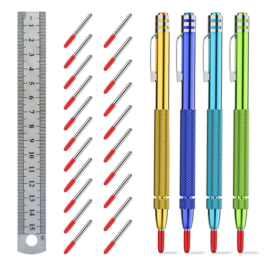 Glieskir 4 Pack Tungsten Carbide Scriber with Magnet,with Extra 21 Replacement Marking Tip And 6-Inch Ruler,Etching Engraving Pen for Glass/Ceramics/Metal Sheet