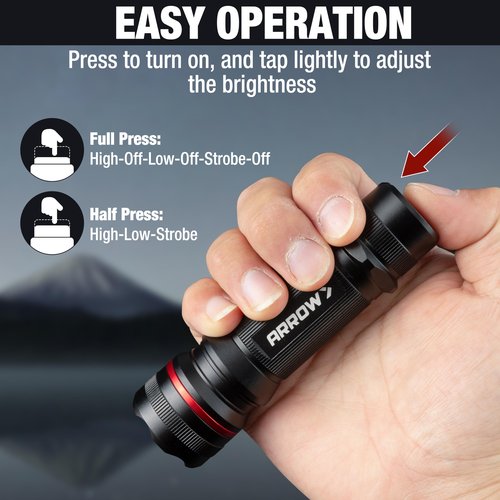 Arrow LED Flashlight 350 Lumens, Bright Flash Light with High/Low/Strobe Modes, Pocket-Sized Handheld Flashlights for Outdoor, Camping, Repair, or Emergency Use, 3 AAA Batteries Included
