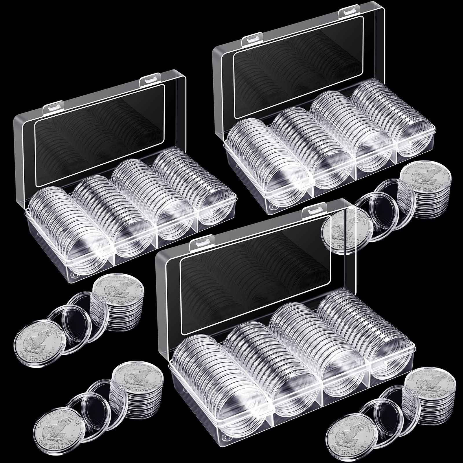 Silver Dollar Coin Case Holder for Collectors 40.6mm Silver Bar Plastic Round Coin Capsules Covers with Storage Organizer Box for Silver Bar Coin Collection Supplies (300)