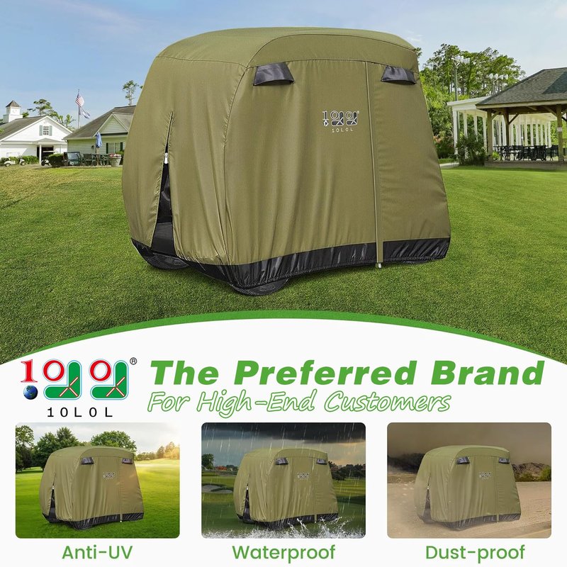 10L0L Universal Golf Cart Covers for Yamaha,Club Car, EZGO, Waterproof 2/4 Passenger Heavy Duty Golf Cart Rain Covers Extended Roof with 3 Zipper Doors (Green)