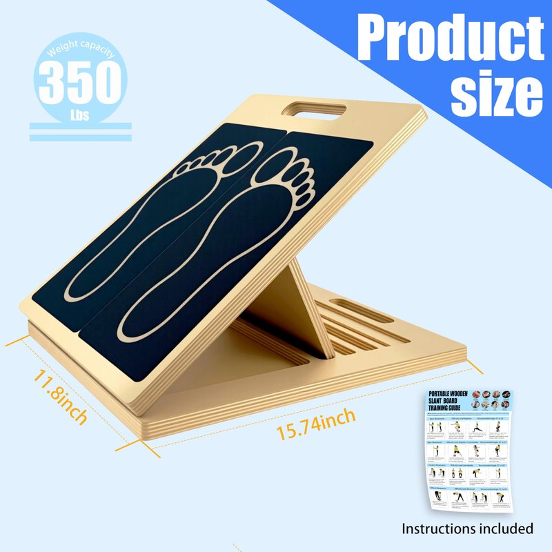Rwotlls Slant Board for Calf Stretching, 15°/20°/25°/30°/35°/40° Portable Wooden Incline Board, Calf Stretcher & Squat Wedge for Physical Therapy, Knees, Feet, Leg, Ankle, Heel, with Footprint Markings and Training Poster