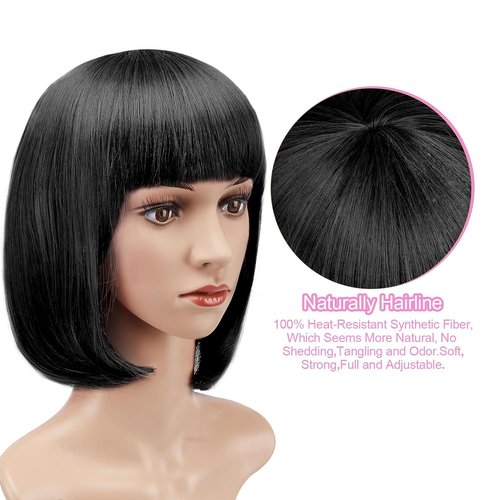 AGPTEK 13-Inch Straight Heat-Resistant Bob Wig with Flat Bangs for Women | Black Cosplay & Daily Wear