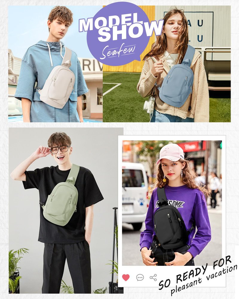SEAFEW Small Black Sling Crossbody Bag for Men Women, Tactical Backpack Shoulder Daypack Mini Anti-Theft Motorcycle Chest Bags, Small One Strap Backpack for Casual Travel Hiking Outdoor Sports