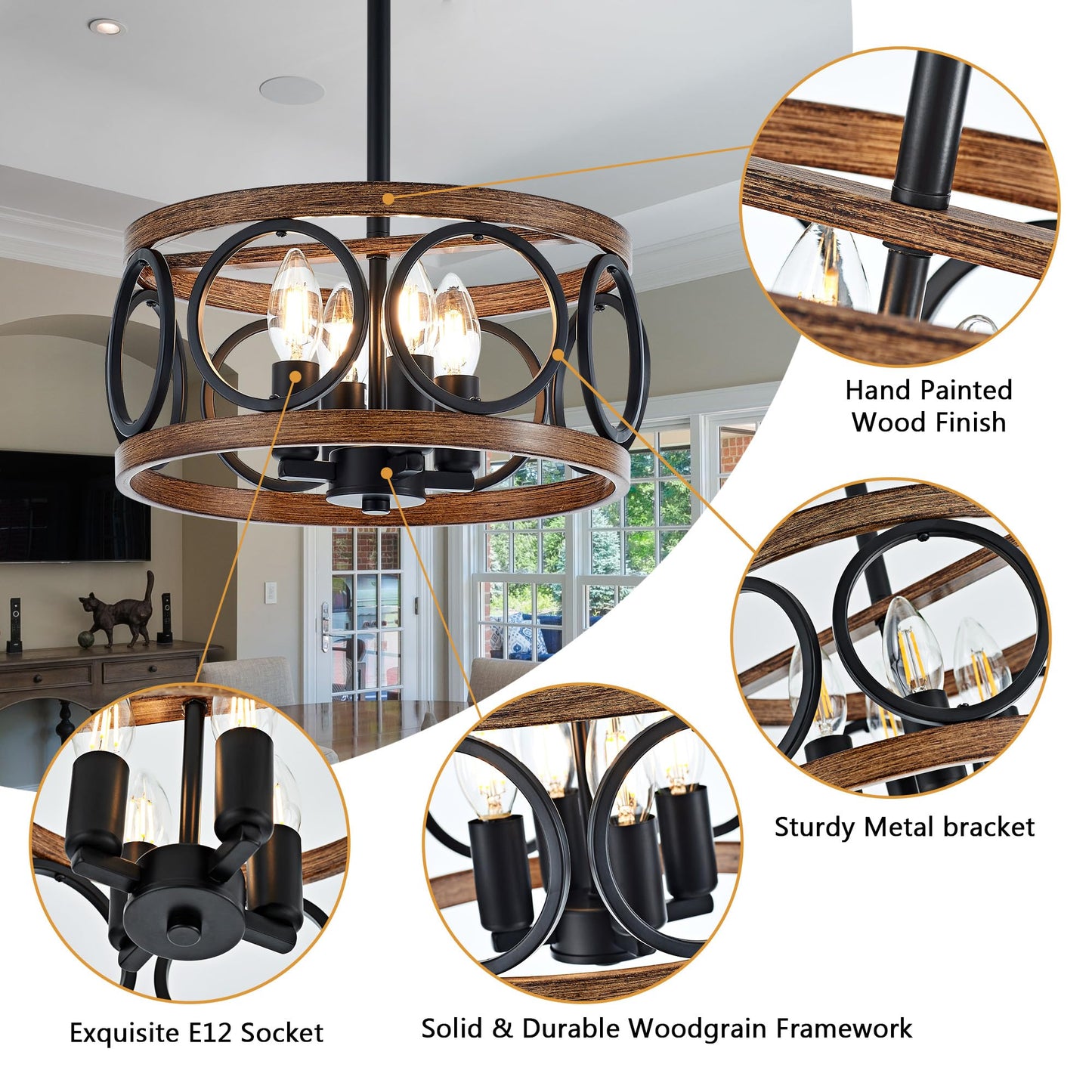 Faibra 4-Light Farmhouse Drum Pendant Light,12.6'' Nature Wood Texture Vintage Rustic Chandeliers Black Metal Industrial Hanging Light Fixtures for Entryway, Bedroom Dining Room