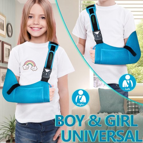KONSEDIK Arm Sling for Kids - Adjustable Breathable Shoulder Immobilizer with Pockets,Supports Rotator Cuff Injury,Wrist,Elbow,Clavicle Fracture Recovery,Post-Surgery Sling for Left or Right Arm(Blue,X-Small)