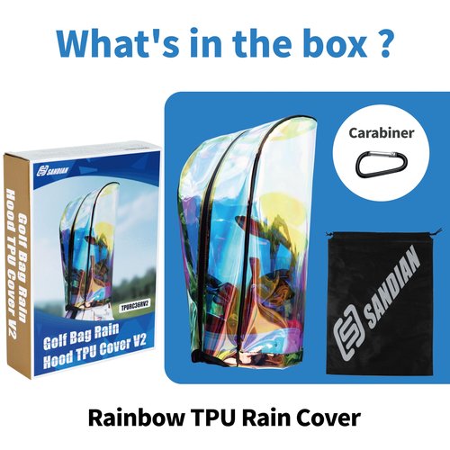 SANDIAN Golf Bag Rain Hood Cover V2, Universal Fit, Rainbow Holographic TPU Material, 31.5-33.5 Inches, Lightweight with Carabiner