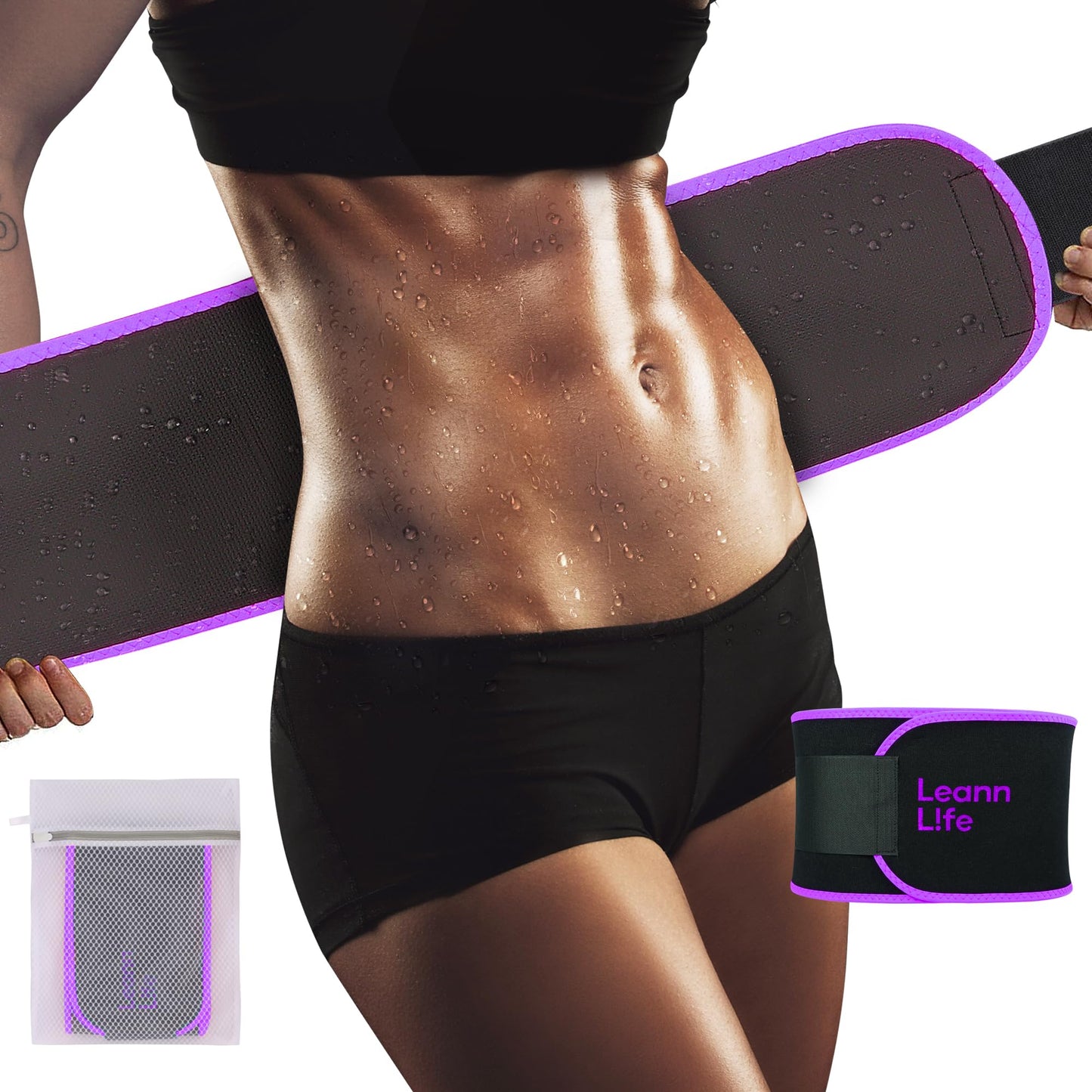 Leann L!fe 52” Waist Trimmer for Slim Belly, Premium Sweat Band Enhancing Fitness Belt for Weighted Hula Hoop Weight Loss, Waist Trainer Women and Men, Stomach Sweat Wrap, Black/Purple