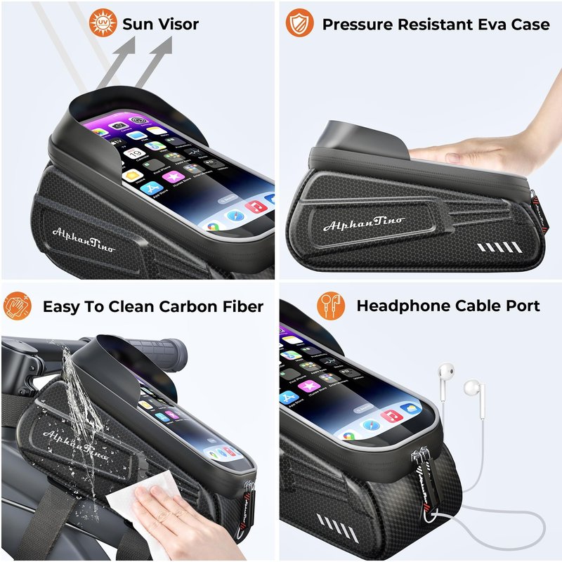 Alphantino Bike Phone Holder Bag - Waterproof Bicycle Frame Bag Hard Case Large Capacity Top Tube Front Frame Cycling Mount Accessories Pouch, TPU Touch-Screen & Sun-Visor (Red Zipper)