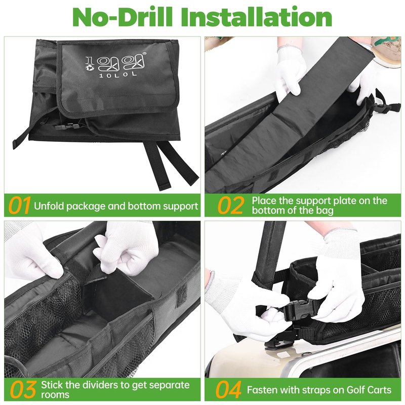 10L0L Universal Golf Cart Basket, No-Drilling Front Inner Dash Organizer for Yamaha, EZGO & Club Car, Heavy-Duty 1680D Oxford Fabric Dash Tray with Reinforced PE Support Frame