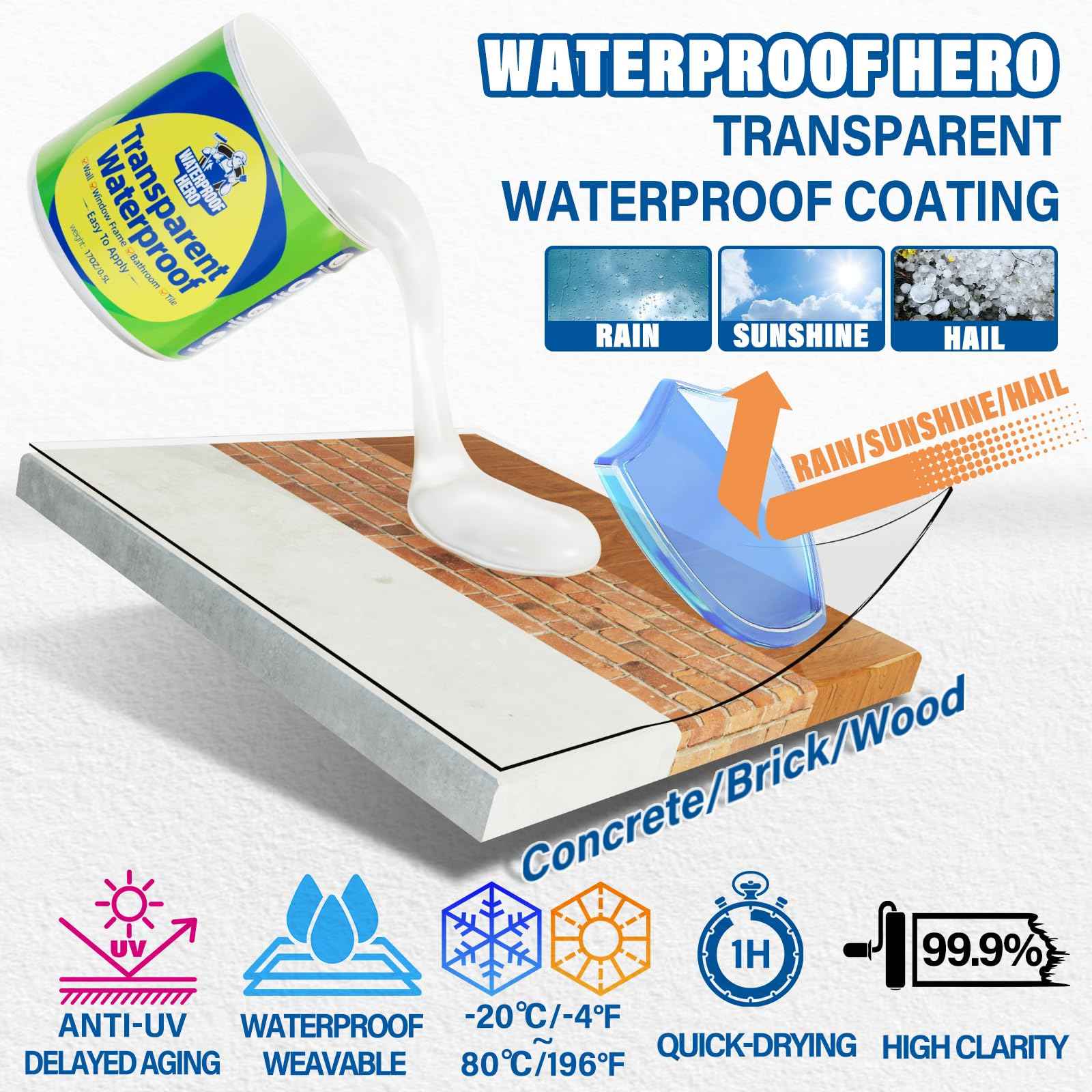 WATERPROOF HERO Transparent Waterproof Coating Sealant, Water-Based Invisible Waterproof Agent Indoor & Outdoor Multi-Surface Leak Repair (Clear, 35Oz)