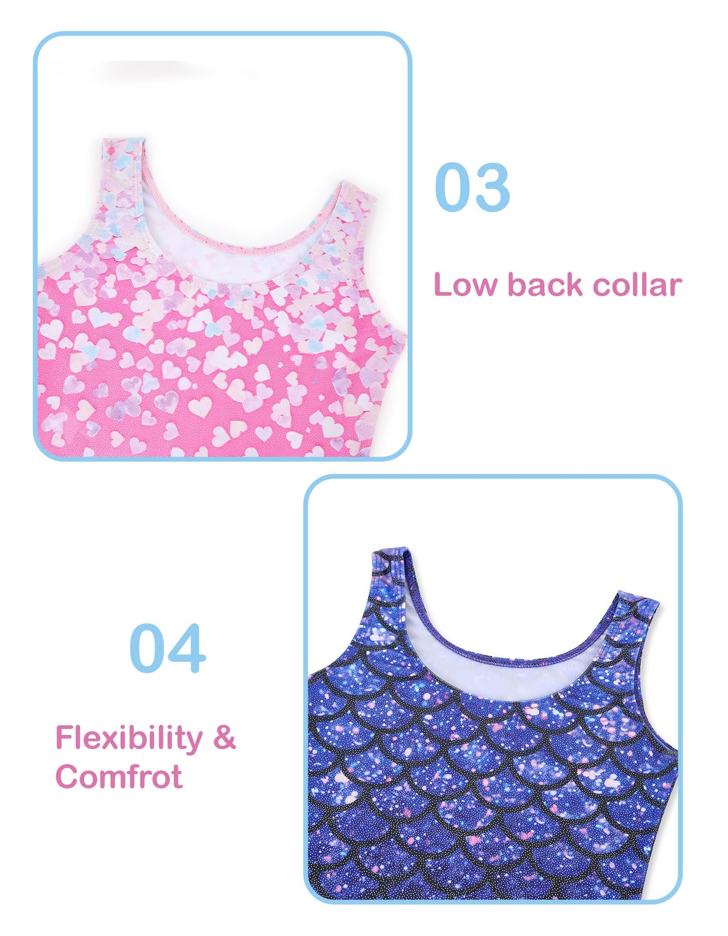 Tstiti Gymnastics Leotards for Girls 2 Pack Sparkly Kids Biketards Dance Unitards Matching Hair Scrunchies Heart Mermaids 7-8 Years