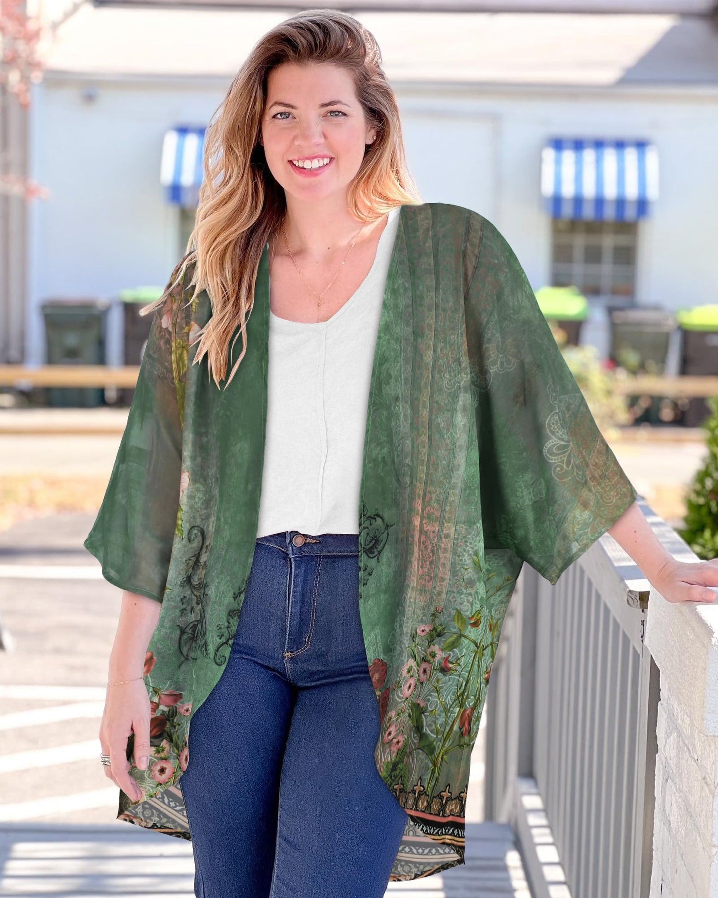 Women's Floral Print Puff Sleeve Kimono Cardigan Loose Cover Up Casual Blouse Tops(Army Green Floral,M)