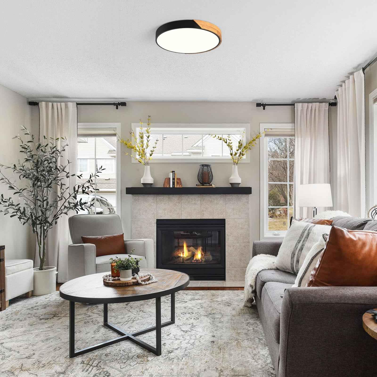 Peblto Modern Dimmable Black LED Ceiling Light, 2700 K - 6000 K 5CCT Wood Flush Mount Ceiling Lighting Fixtures, Minimalist Round Ceiling Lamp for Living Room Bedroom Kitchen Hallway（15.8in）