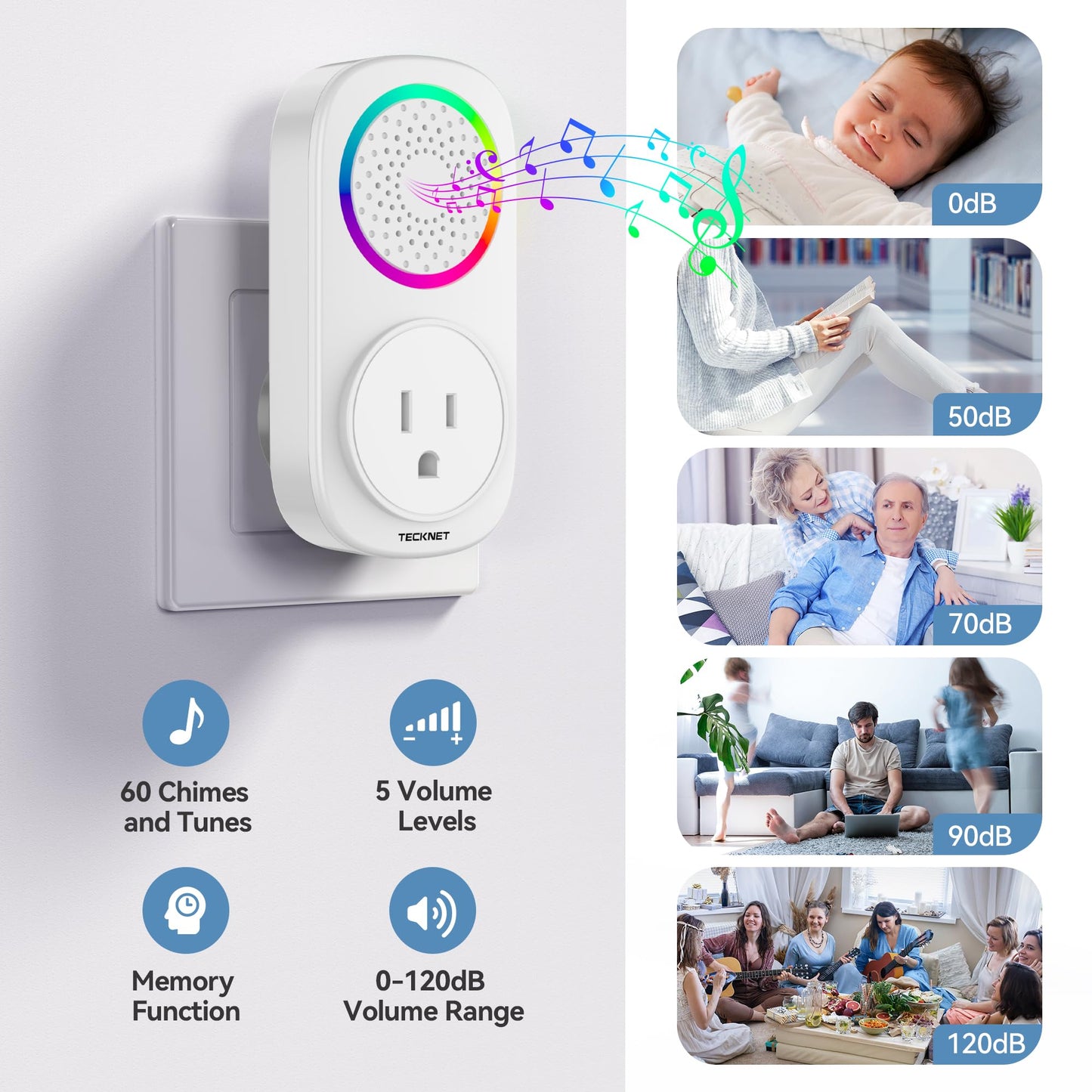 TECKNET Self-Powered Wireless Doorbell Kit - Plug-Through Door Bell with RGB Light, 60 Chimes & 5 Volume Levels, IP66 Waterproof Classroom Doorbell, 1000ft Range Doorbells for Home/Office