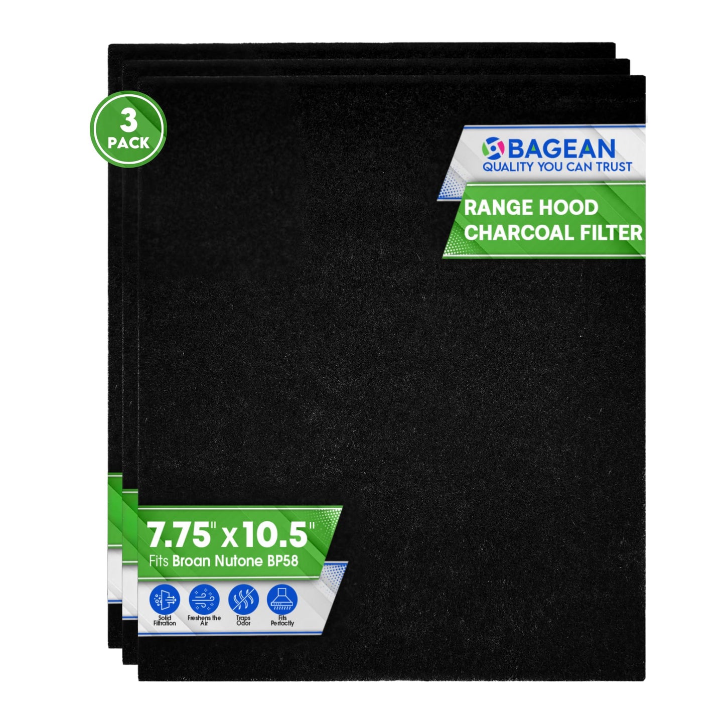 Range Hood Charcoal Filter 7.75” x 10.5” - Fits Broan and Nutone BP58 For 43000 Series Range Hoods - Broan Range Hood Filter Replacement - Carbon Stove Vent Fan Filters Removes Kitchen Odors (3-Pack)