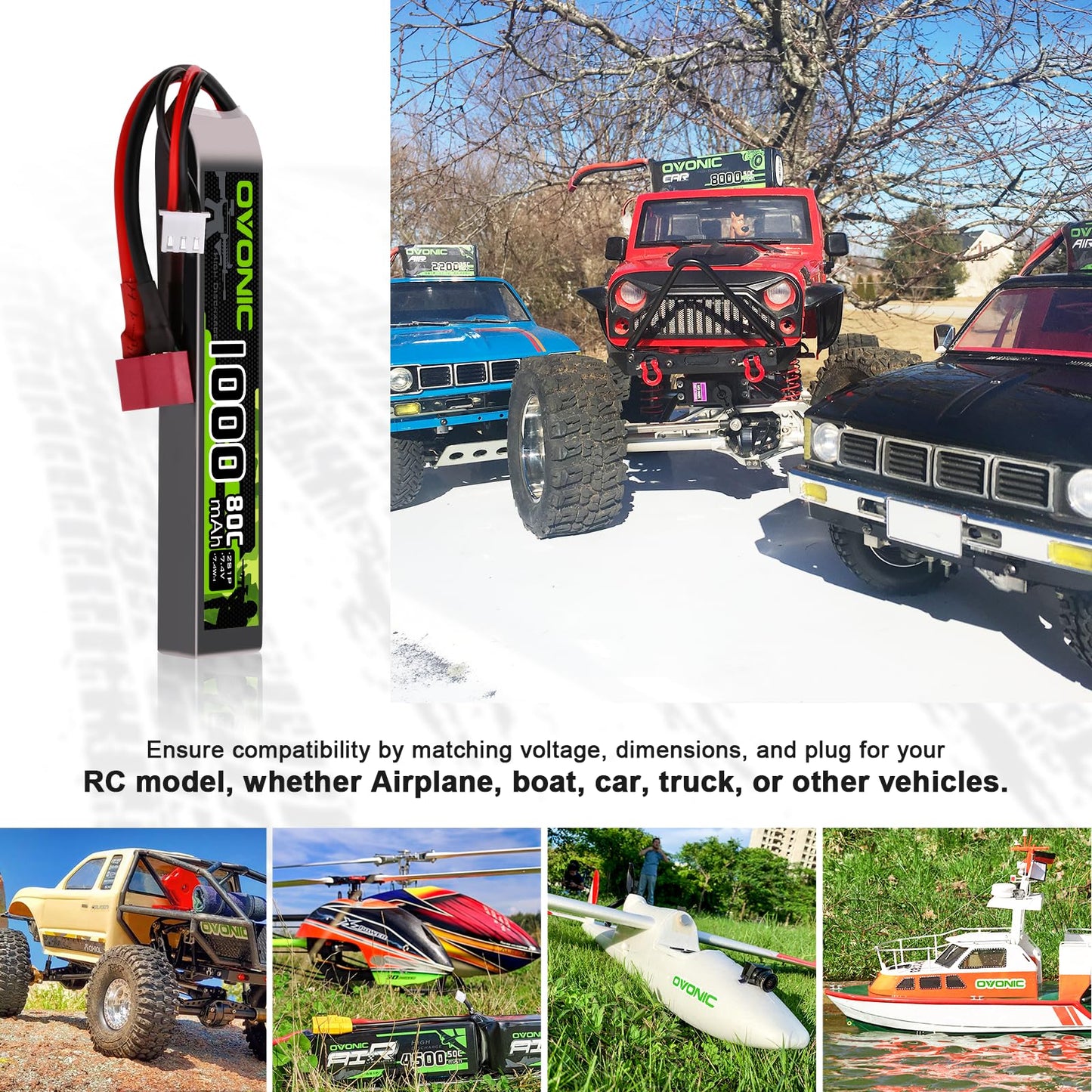 OVONIC 2s Lipo Battery 7.4V 1000mAh 80C with Dean-Style T Plug Lipo Battery for Airsoft Guns(2PCS)