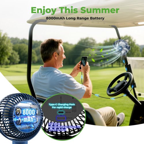 10L0L Golf Cart Fan for All Golf Carts With 56Hrs Runtime - 8000mAh Battery, 3-Speed Cooling, Built-in LED Light, Power Bank Function - Stable ABS Design