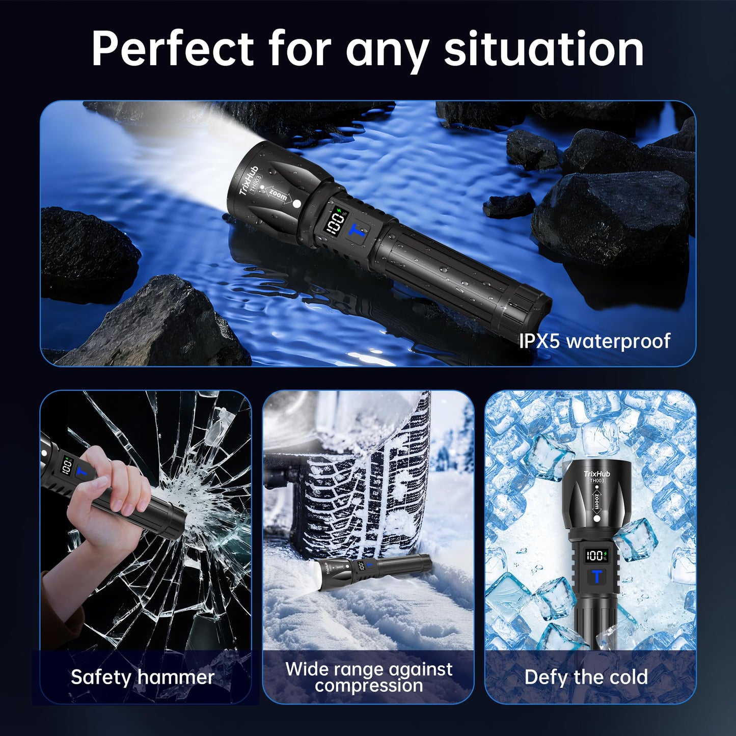 TrixHub Rechargeable Flashlights 3Pack High Lumens, 5Mode Rechargeable Flashlights with LCD Digital Display, Super Bright Flashlight Adjustable Flash Light, High Powered LED Flashlight for Emergency