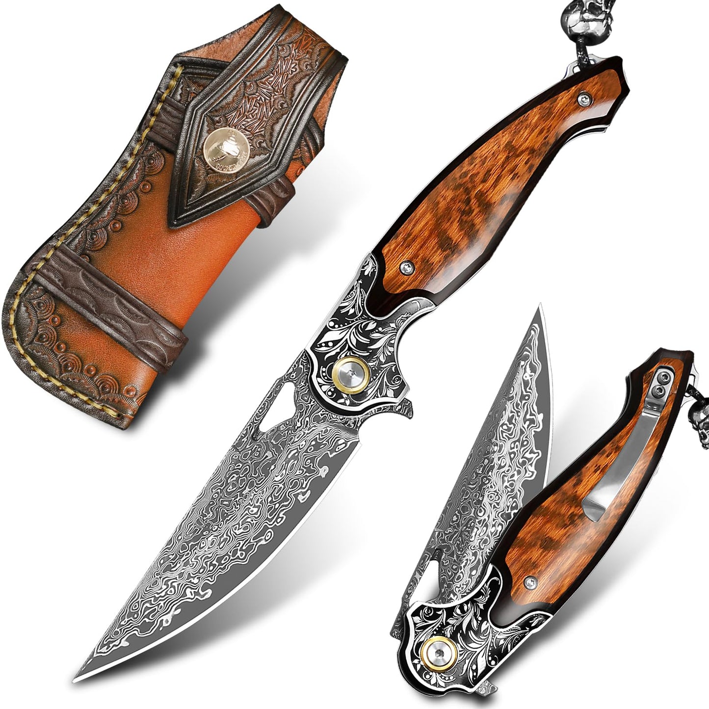 Handmade Men's and Women's EDC Pocket Knife，Damascus Steel Folding Knife，Features a leather sheath and pocket clip.Non-slip wooden handle，For mountaineering trips, outdoor adventures, and jungle camping