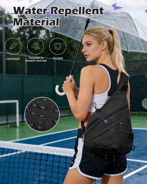 Black Pickleball Crossbody Sling Bag - Men's & Women's Pickleball Sports Backpack with Water Bottle Holder, Adjustable Pickleball