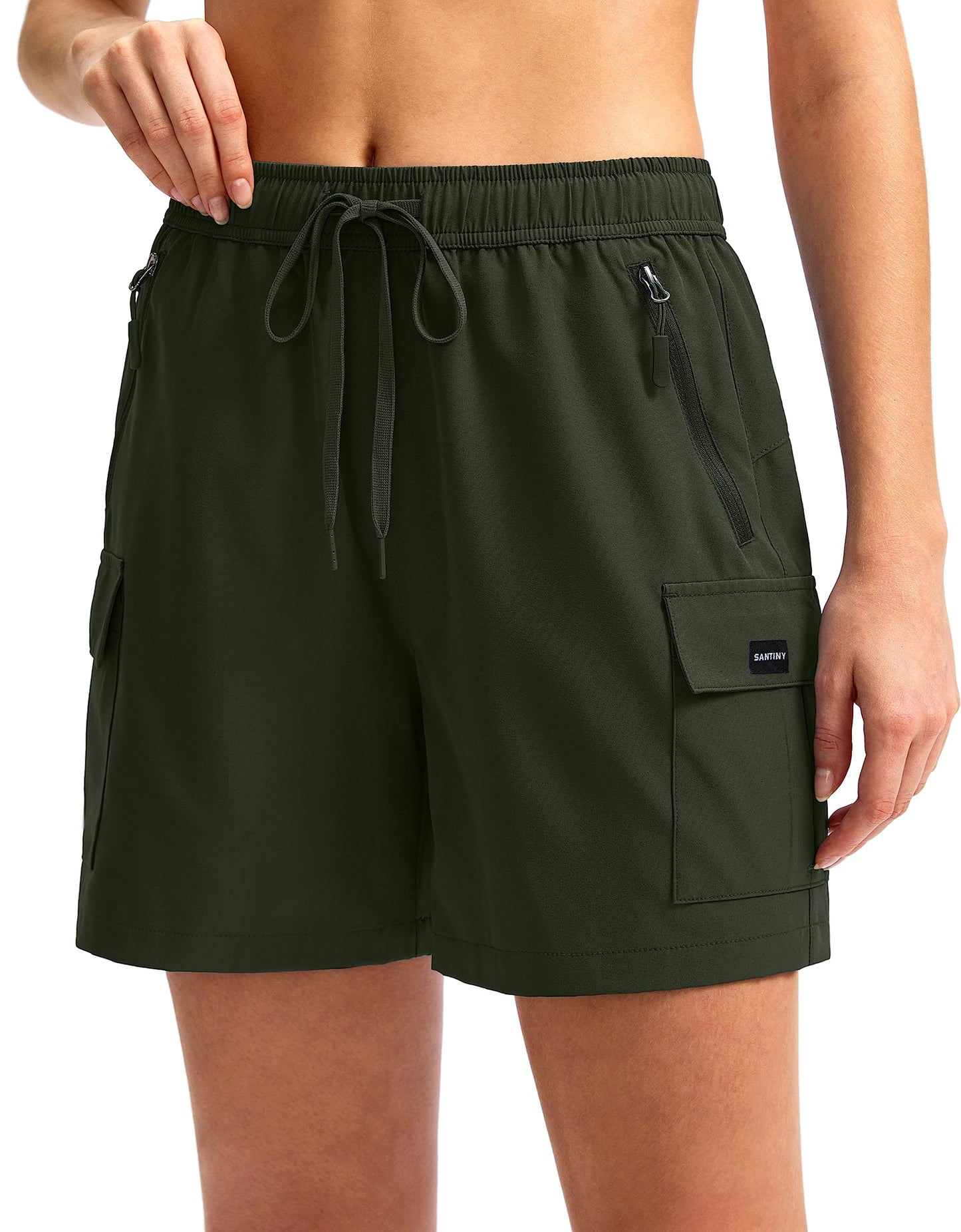 SANTINY Women's 5''/ 7''/9'' Hiking Cargo Shorts Quick Dry Lightweight Summer Shorts for Women Athletic Golf Zipper Pockets(Army Green_XS)