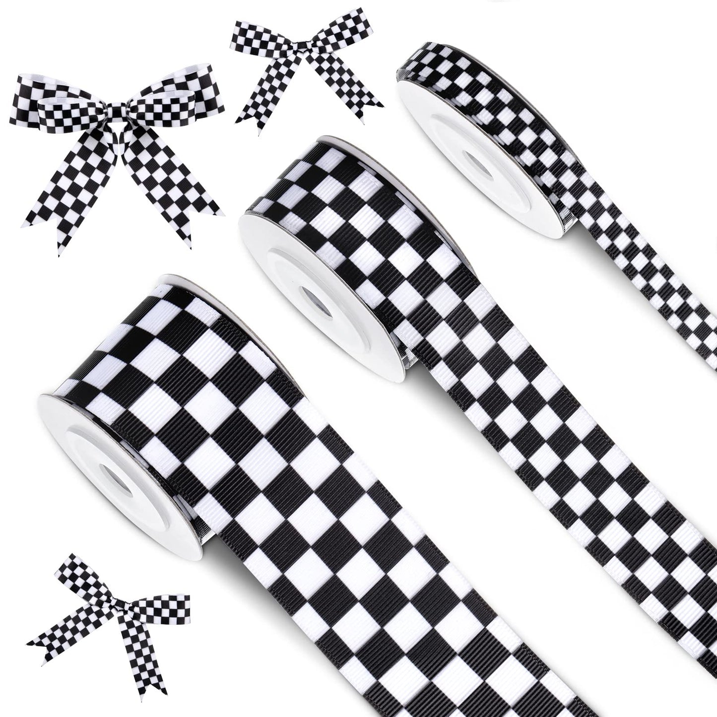 Cunno 3 Rolls Christmas Black and White Checkered Ribbon Grosgrain Printed Ribbon Racing Car Theme Printed Checkered Plaid Buffalo for DIY Crafts Wreath Party, 0.4, 0.87, 1.5 Inch Wide, 15 Yard