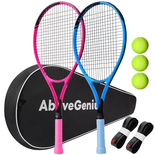 AboveGenius Neon Pink & Blue Tennis Rackets 2 Pack for Adults- 27" Lightweight Aluminum Tennis Racquet Set with 3 Balls & Bag - Stylish Matte Pop-Color Starter Kit for Couples & Friends