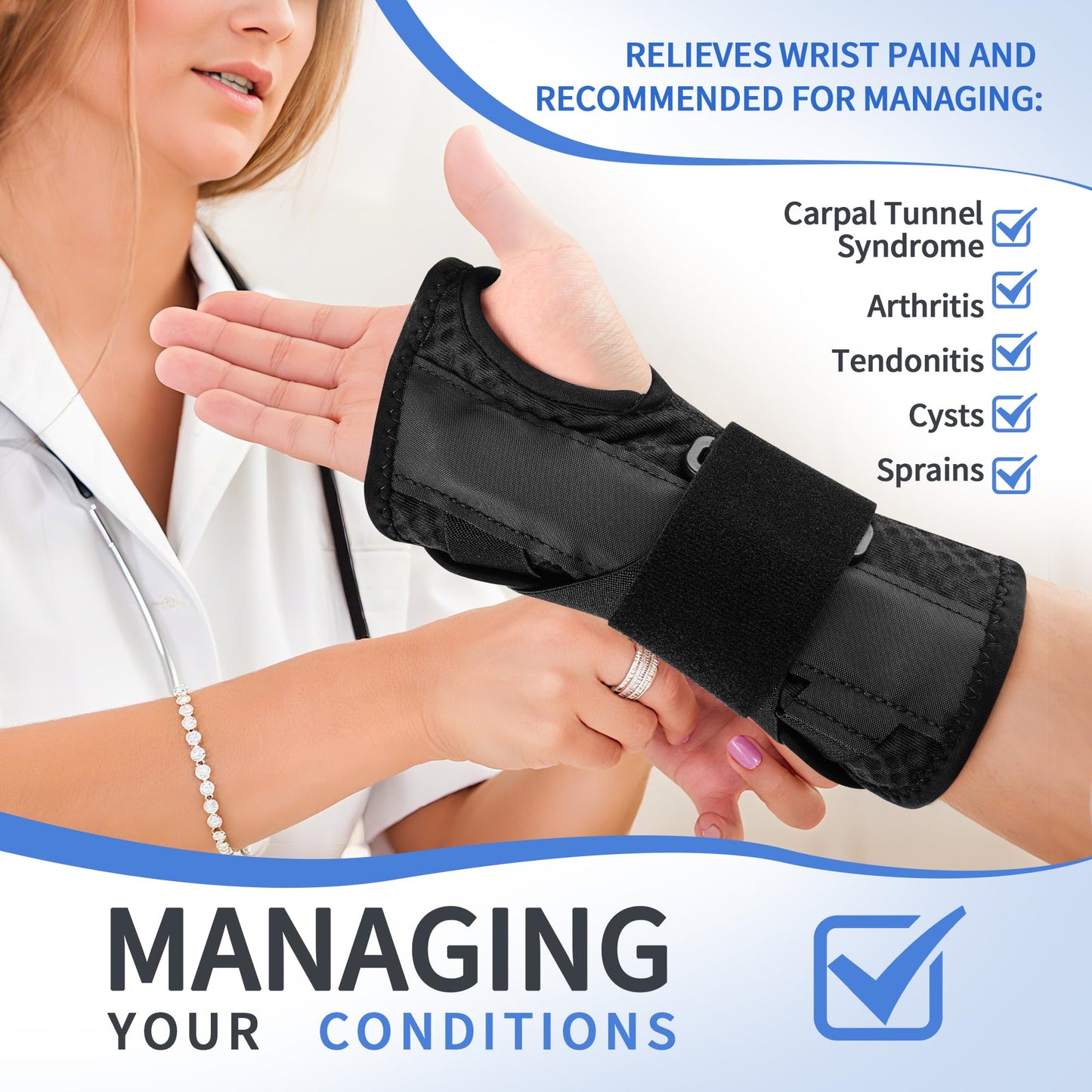 Cerviva Carpal Tunnel Wrist Brace Night Support for Women Men, Pain Relief Metal Wrist Splint for Tendonitis, Arthritis, Sprain, Fit Left or Right Hand for Work, Rigid Hand Brace for Sleeping, Black