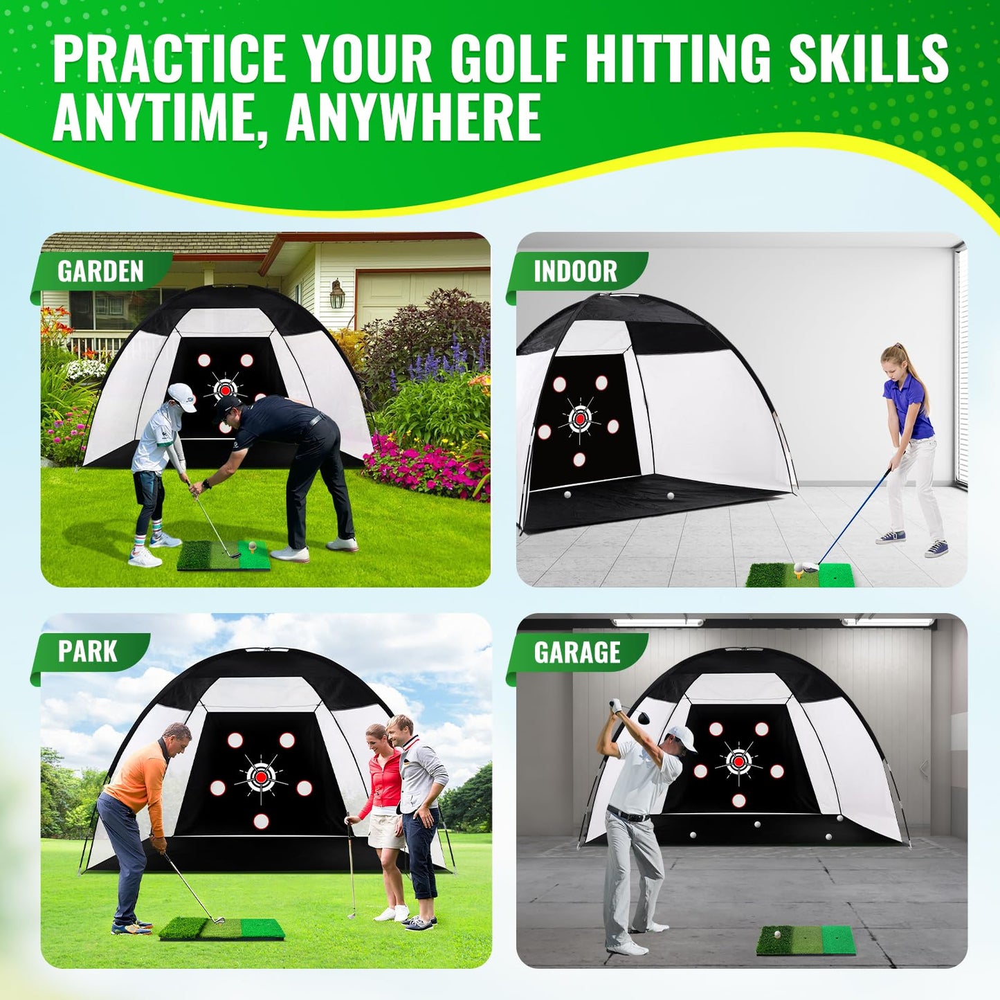 Golf Net 10x7ft, Golf Practice Net for Backyard with 5 Target Holes & Bullseye All-in-One Golf Hitting Net Kit with 3-Turf Mat for Indoor/Outdoor Swing & Chipping Training (10x7ft)