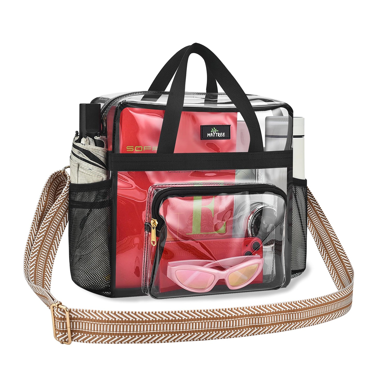 MAY TREE Clear Bag for Stadium Events, 12x6x16 Clear Tote Bag with Removable Strap, Transparent Bag for Concert Sports Gym, White & Beige-Strap
