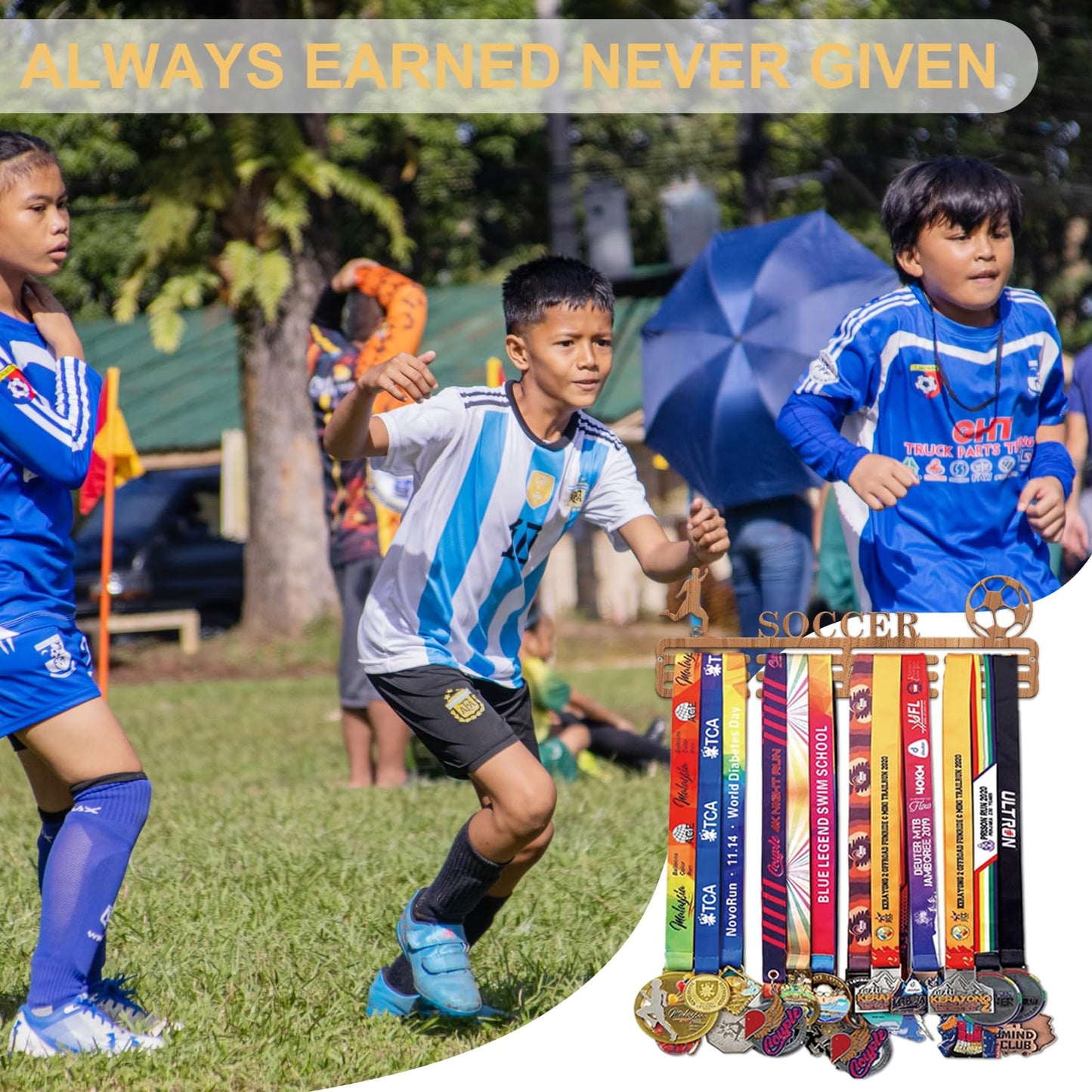 Resama World Cup Soccer Medal Hanger Holder Display Rack for Awards Ribbons Personalized Medal Sports Themed Race Ribbon Holder for Wall Metal Display for Men Boy Girl Kid Wooden