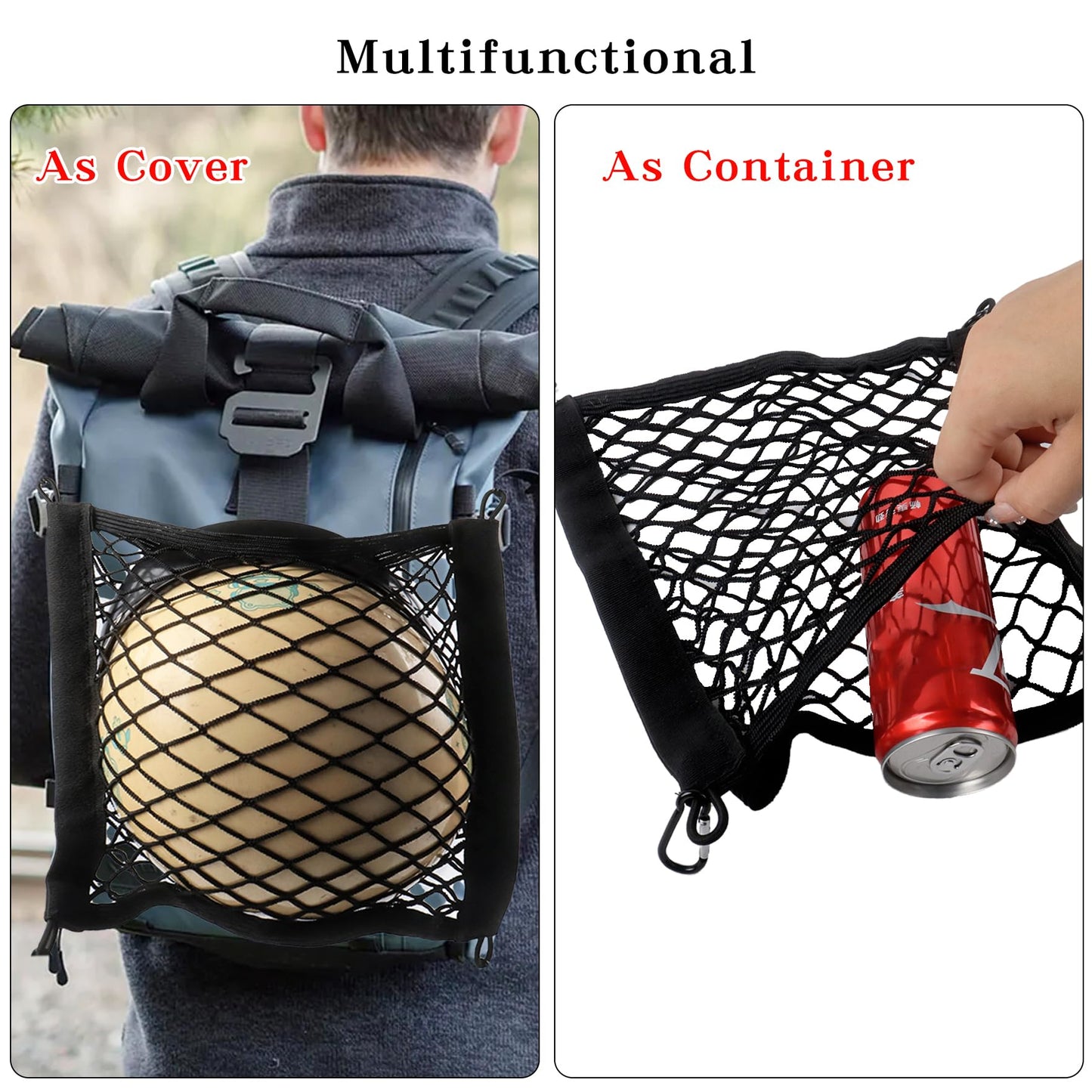 Klmnop Motorcycle Helmet Holder for Backpack as Cover and Container, Double Layer 4 Side Elastic Bands Storage Nets with 4 Carabiners for Attaching to Backpack to Carry Helmet Rainwear Water(Black)