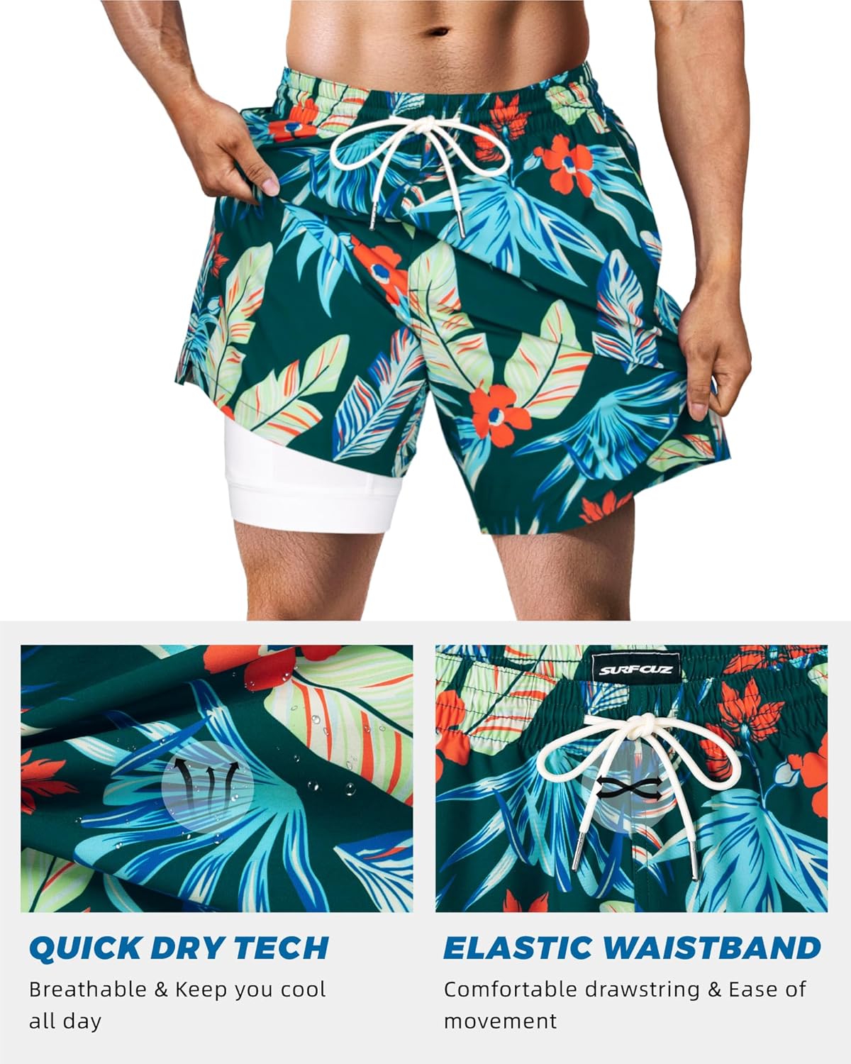 Surf Cuz Men's Swim Trunks - Quick-Dry 7" Compression Liner Swim Shorts for Ultimate Comfort