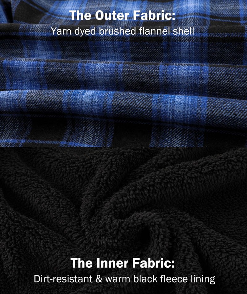 V VALANCH Men's Flannel Shirt Jacket with Hood Fleece Lined Plaid Jacket Zip Up Winter Warm Coat Black Blue XL