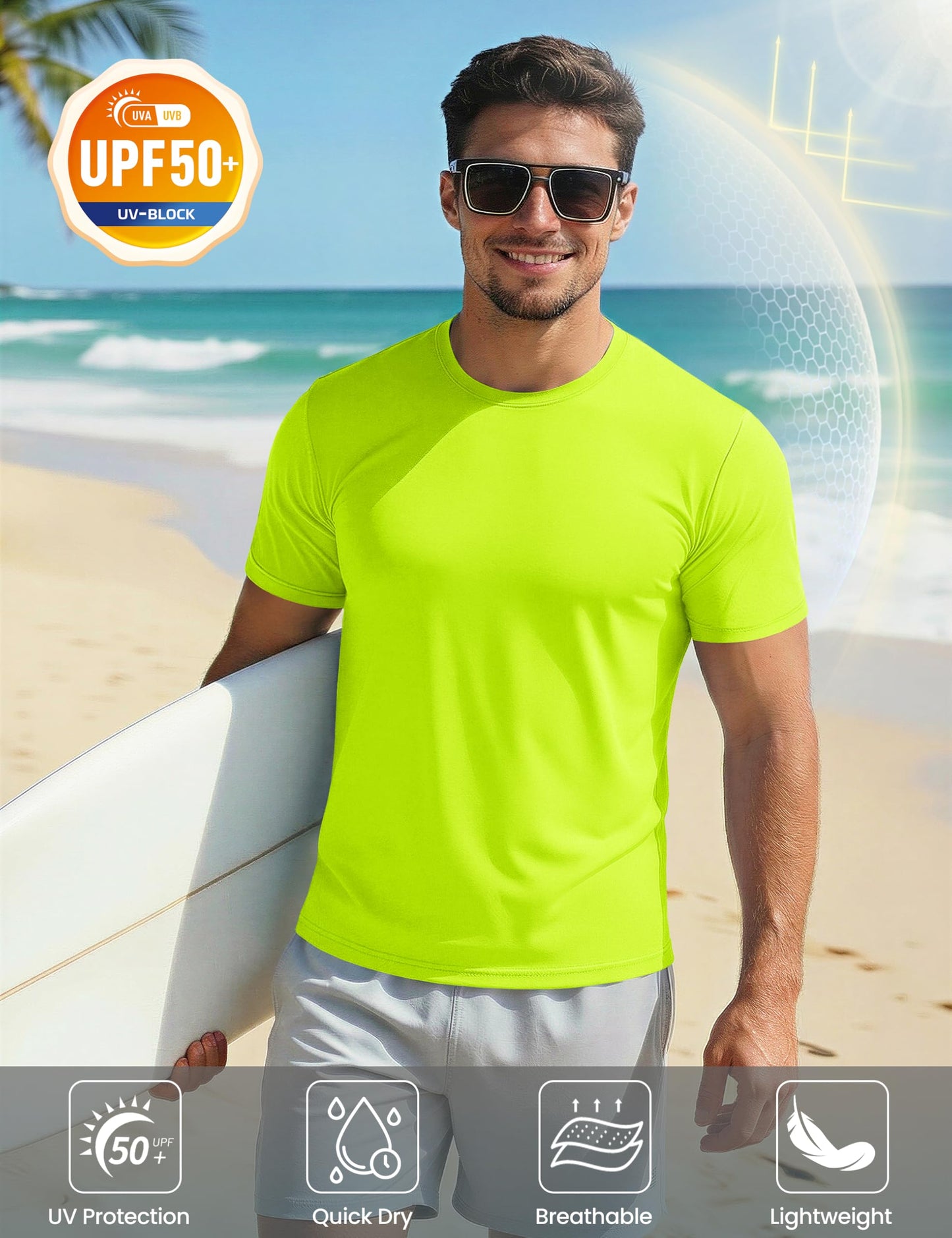 MAGCOMSEN 2 Pack Athletic Short Sleeve Shirts for Men UPF 50+ Dry Fit Moisture Wicking Running Gym Workout T Shirt Casual Neon Work Shirts Fluorescent Green