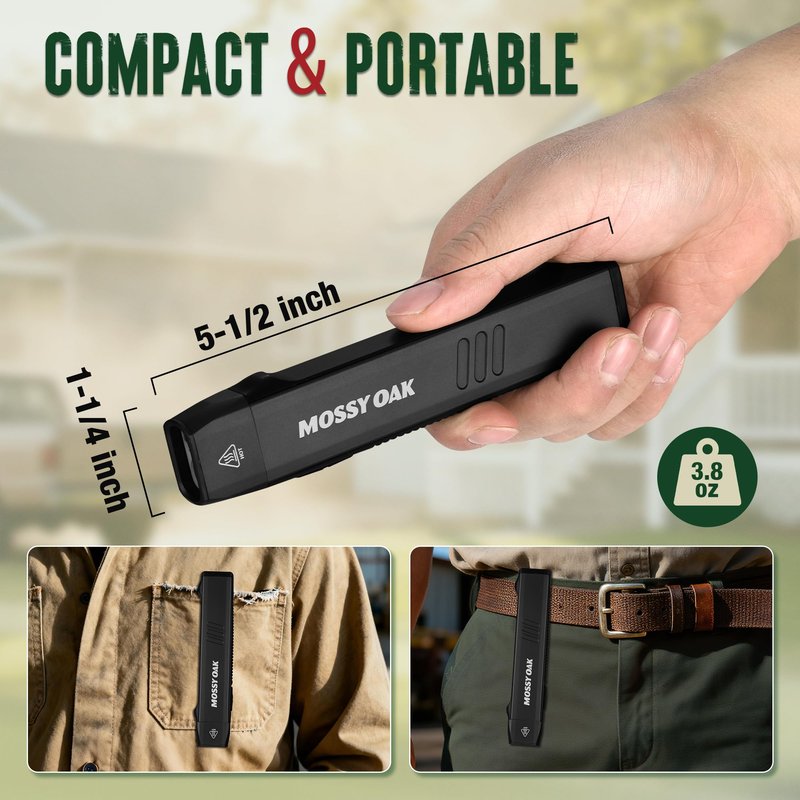 Mossy Oak Rechargeable EDC Flat Flashlight 1200 Lumens, Pocket Work Light with Magnetic Base, UV & White Light Combo, Waterproof LED Inspection Light for Work, Outdoor Use and Emergencies - Black